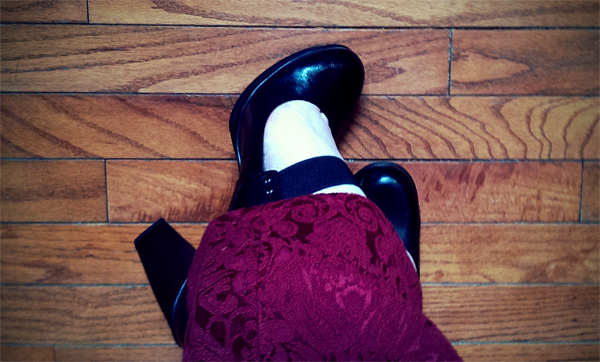 image of my lower legs and feet; I'm wearing burgundy brocade jeans and black high-heeled maryjanes