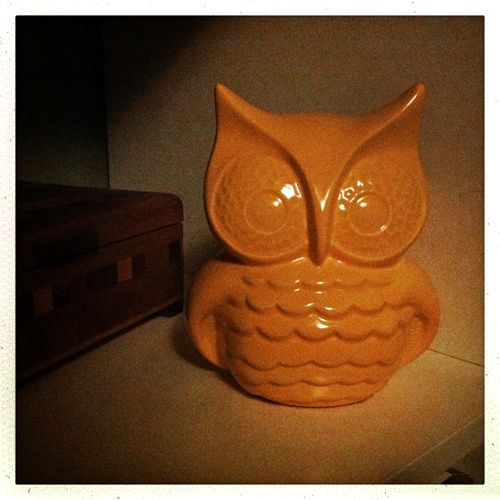 image of a yellow ceramic owl figurine sitting on a shelf next to a wooden keepsake box
