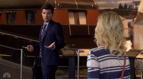 image of Ben (Adam Scott) walking away from Leslie (Amy Poehler) and turning to talk to her over his shoulder