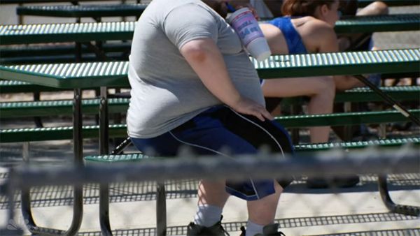 image of a fat person from the neck down sitting on bleachers drinking a soda