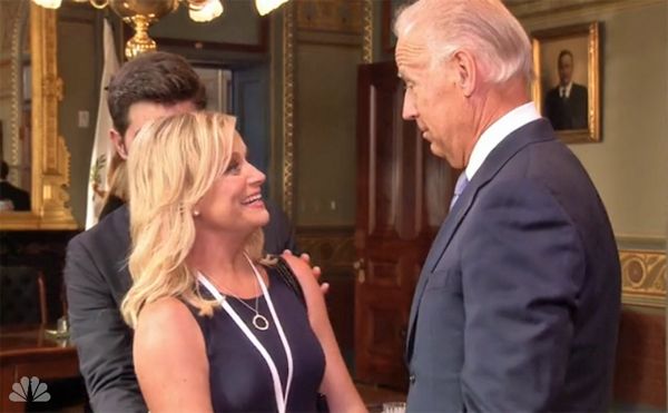 image of Leslie Knope looking up at Vice President Joe Biden