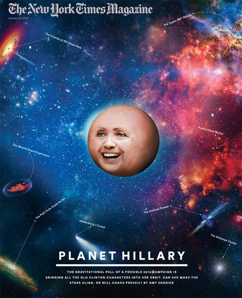 image of the cover of The New York Times Magazine, featuring Hillary Clinton's face as a planet floating in space, with the headline 'Planet Hillary'
