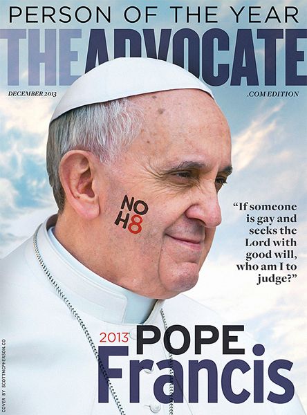 image of the Advocate's cover with an image of Pope Francis with the iconic 'NO H8' digitally stamped on his cheek