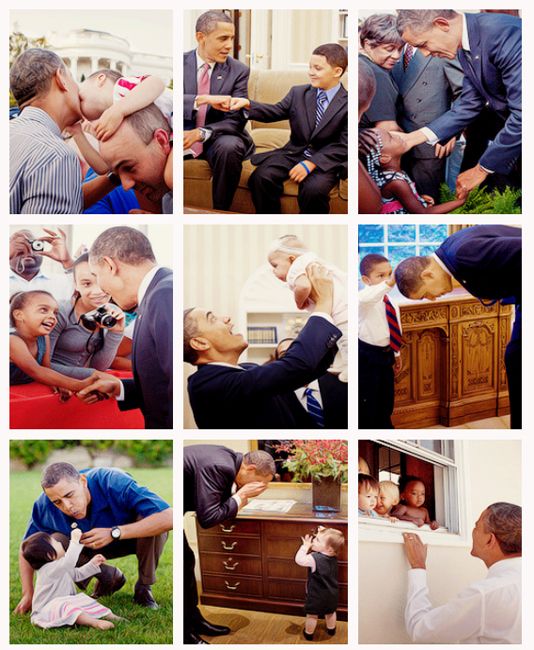 a group of nine photos each featuring President Obama interacting with a child