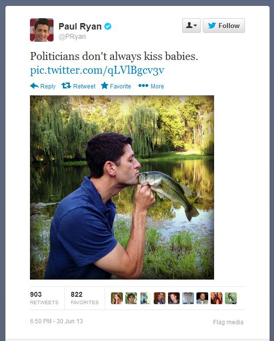 screen cap of a tweet by Rep. Paul Ryan reading 'Politicians don't always kiss babies.' followed by a picture of him kissing a fish on the mouth with his eyes closed