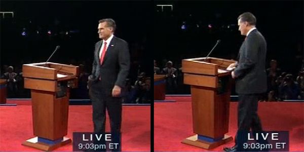 two screen caps: on the left, Romney reaching into his pants pocket; on the right, Romney lying a folded paper on the podium