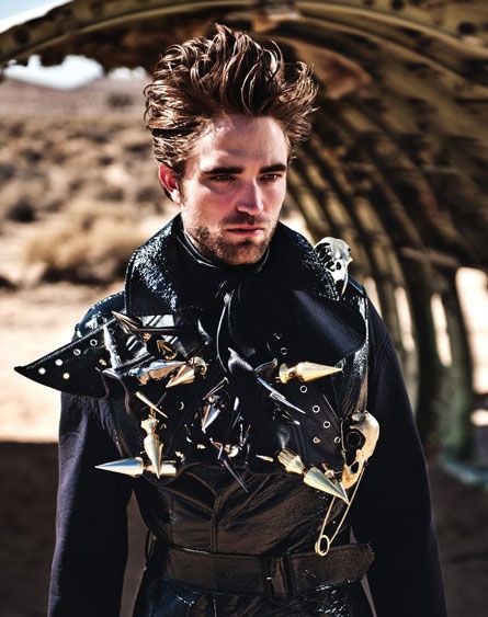 image of actor Robert Pattinson with amazing wizard hair and an incredible Lanvin black leather coat sporting all sorts of metal details