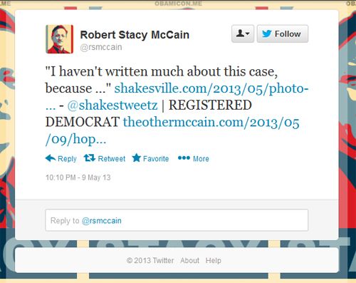 screen cap of Robert Stacy McCain tweet quoting me and then saying: 'REGISTERED DEMOCRAT'