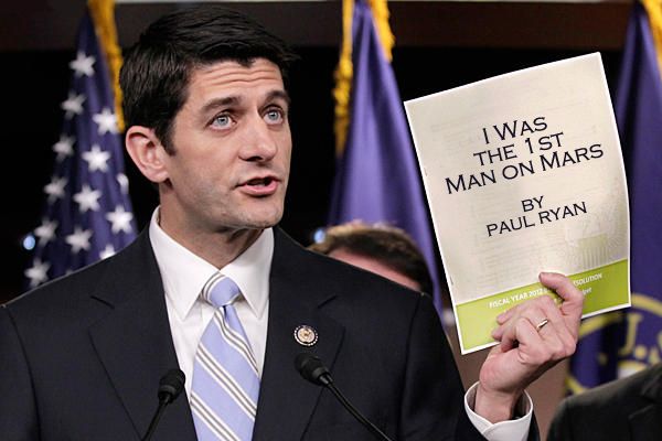 Paul Ryan holding up a booklet which I have retitled 'I Was the 1st Man on Mars, by Paul Ryan'
