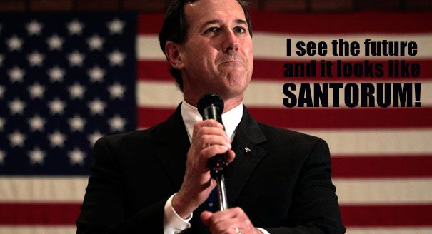 image of Rick Santorum standing in front a flag with a smug look on his face, to which I have added text reading: 'I see the future and it looks like SANTORUM!'