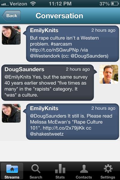 screen cap of Twitter exchange in which Saunders cites crime stats and says 'It *was* a culture.'