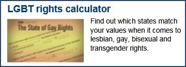 screen shot from the front page of CNN that says LGBT RIGHTS CALCULATOR: Find out which states match your values when it comes to lesbian, gay, bisexual and transgender rights.
