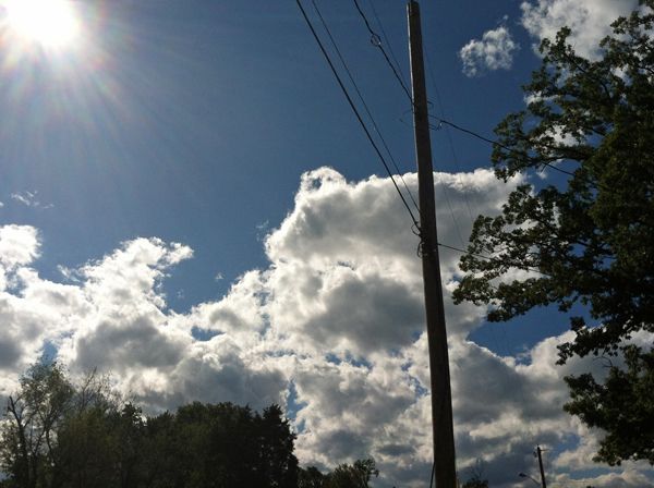 blue sky, white clouds, and green treetop, with an old-fashioned telephone pole