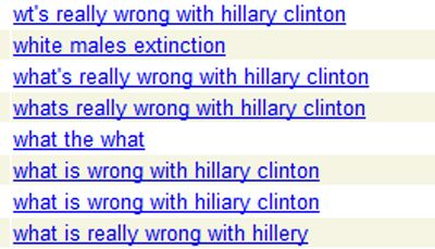 screen cap of search terms reading: 'wt's really wrong with hillary clinton / white males extinction / what's really wrong with hillary clinton / whats really wrong with hillary clinton / what the what / what is wrong with hillary clinton / what is wrong with hiliary clinton / what is really wrong with hillery'