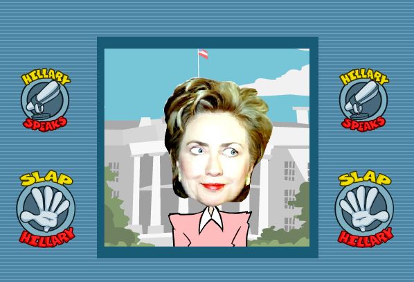screen cap of game showing Hillary Clinton in front of an animated White House with buttons labeled 'Hillary Speaks' and 'Slap Hillary'