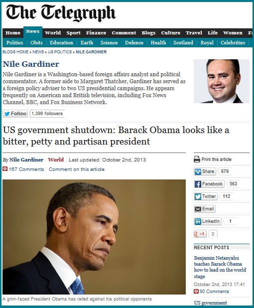 screen cap of a Telegraph article headlined 'US government shutdown: Barack Obama looks like a bitter, petty and partisan president' accompanied by a photo of a frowning President Obama captioned 'A grim-faced President Obama has railed against his political opponents'