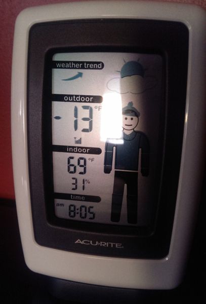 image of a weather center in our home showing -13°F