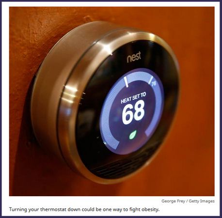 image of a thermostat set to 68 degrees, captioned: 'Turning your thermostat down could be one way to fight obesity. '