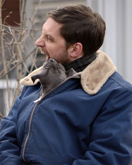 image of Hardy making an EW! face while the puppy licks the corner of his mouth