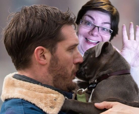 image of actor Tom Hardy kissing a grey pit bull puppy on the muzzle, with my silly grinning face in the background, waving