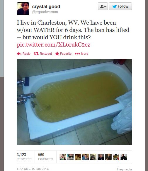 image of a tweet authored by Crystal Good reading: 'I live in Charleston, WV. We have been w/out WATER for 6 days. The ban has lifted -- but would YOU drink this?' followed by a picture of a bathtub filled with dingy yellow water