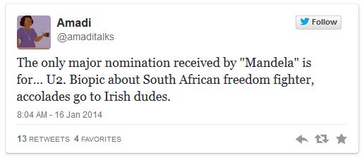 image of a tweet authored by Amadi, reading: 'The only major nomination received by 