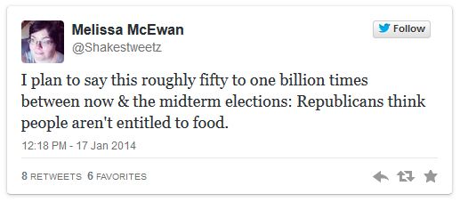screen cap of tweet authored by me reading: 'I plan to say this roughly fifty to one billion times between now & the midterm elections: Republicans think people aren't entitled to food.'