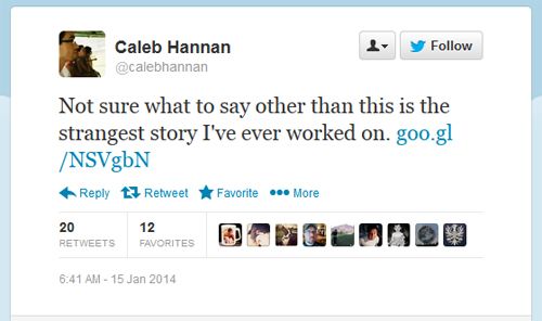 screen cap of a tweet authored by Caleb Hannan reading: 'Not sure what to say other than this is the strangest story I've ever worked on.' followed by a link to his article