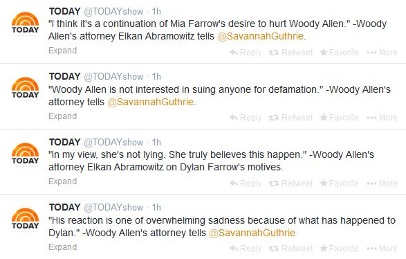 screencap of a series of four tweets from the Today show reading: 1. 'His reaction is one of overwhelming sadness because of what has happened to Dylan.' -Woody Allen's attorney tells Savannah Guthrie