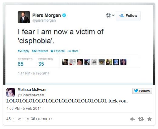 image of a tweet authored by CNN host Piers Morgan reading 'I fear I am now a victim of 'cisphobia'.' followed by an image of my tweeted response: 'LOLOLOLOLOLOLOLOLOLOLOLOLOLOLOL fuck you.'