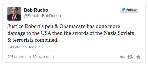 screen cap of tweet authored by Republican North Carolina State Senator Bob Rucho reading: 'Justice Robert's pen & Obamacare has done more damage to the USA then the swords of the Nazis, Soviets & terrorists combined.'