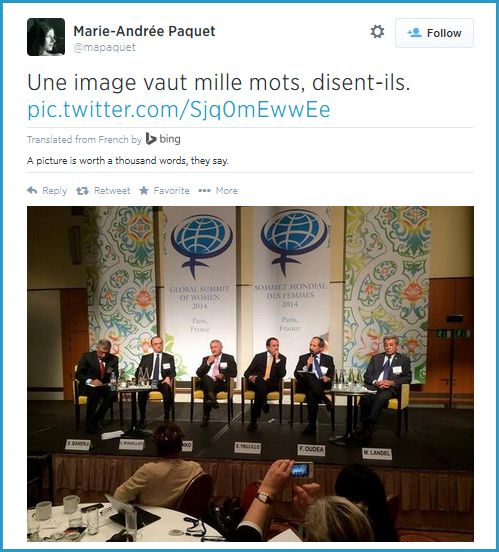 screen cap of a tweet authored by Québécois commentator Marie-Andrée Paquet reading: 'Une image vaut mille mots, disent-ils.' (Translation: A picture is worth a thousand words, they say.) and accompanied by a panel at the Global Summit of Women, which is comprised exclusively of white men