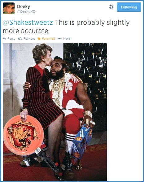 image of a tweet authored by Deeky reading: 'This is probably slightly more accurate.' followed by the same image of Nancy Reagan and Mr. T into which he's photoshopped the Guy Fieri skittle he bought me for my birthday