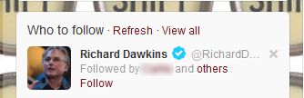 screencap of Twitter recommending that I follow Richard Dawkins