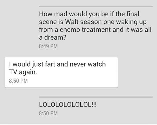 screen cap of the following text exchange: Liss: How mad would you be if the final scene is Walt season one waking up from a chemo treatment and it was all a dream? Deeky: I would just fart and never watch TV again. Liss: LOLOLOLOLOLOL!!!