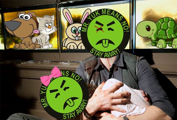screencap from the latest episode of The Walking Dead, in which faces are covered by Mr. Yuk stickers and zombie heads are covered by cartoon images of a puppy, kitten, bunny, and turtle