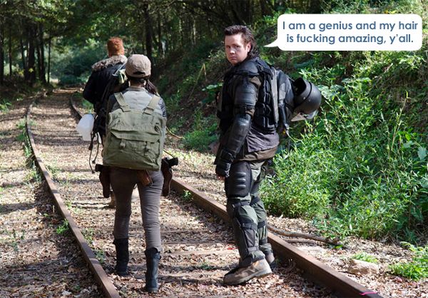 image of Abraham, Tara, and Eugene walking down the railroad tracks; Eugene is turned around looking behind him, and I have added a dialogue bubble reading: 'I am a genius and my hair is fucking amazing, y'all.'