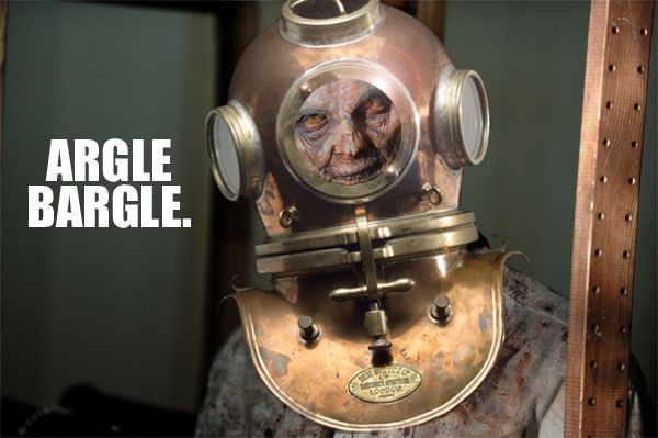 image of a zombie in a diving helmet saying ARGLE BARGLE.