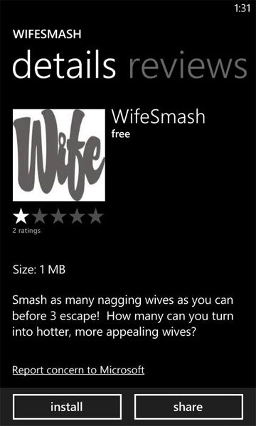 screen cap of the listing for a game called 'WifeSmash,' which has 2 reviews and a one-star rating, and is described thus: 'Smash as many nagging wives as you can before 3 escape! How many can you turn into hotter, more appealing wives?'