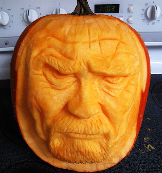 image of a pumpkin carved to look like Walter White (Bryan Cranston) from Breaking Bad