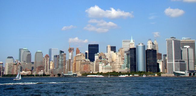 photo taken by Melissa McEwan of the New York City skyline from the harbor in September 2009