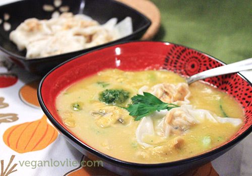 Sweet Potato Tofu Wontons in Butternut Squash and Broccoli Soup