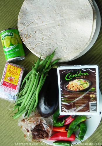 green beans,aubergine,tofu,tamarind paste,chilies,gooseberries,tortillas