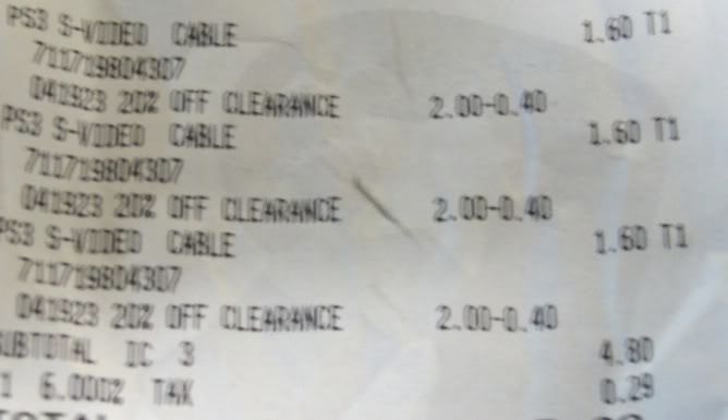 PS3 S-Video Cable Receipt