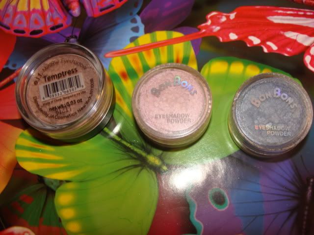 ELF in Temptress $3, BonBons loose eyeshadow powder in pink $1, bonbons blue 