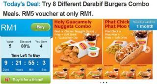 [80% off] Try 8 Different Darabif Burgers Combo Meals. RM5 voucher at only RM1.