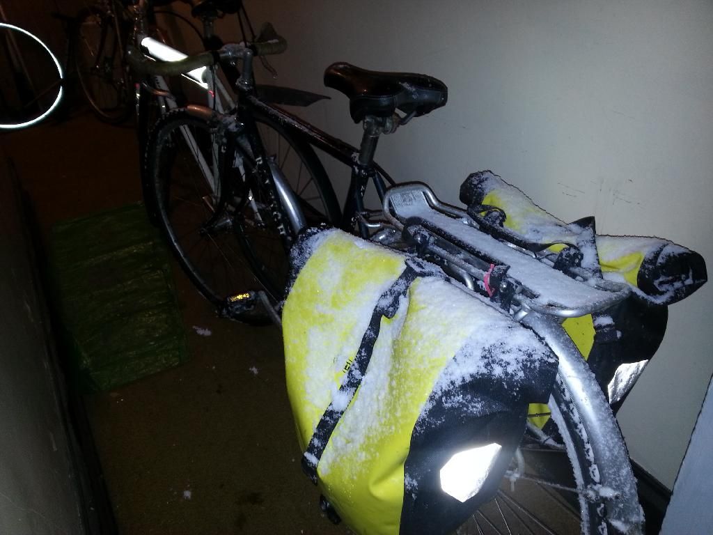 Rear panniers with snow on top