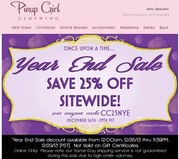 Pin Up Girl Clothing end of the year sale, Christmas sale, holiday sale, year end sale, once upon a time, purple banner