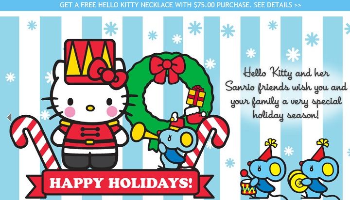 Sanrio banner, Hello Kitty nutcracker, Hello Kitty Christmas, Hello Kitty holiday, Sanrio promotion, free necklace