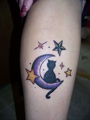 Black cat, moon and stars tattoo